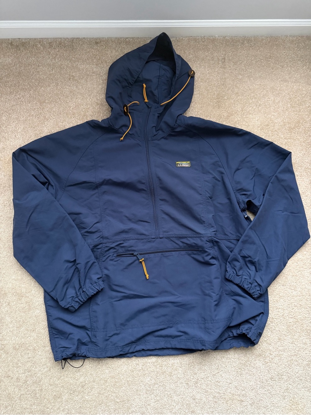 L.L. Bean Navy Hooded Windbreaker with Mustard Accents